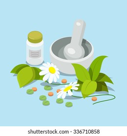 Flat 3d isometric herbal heeling cure alternative medicine concept web infographics vector illustration. Pistil pestle pounder chamomile leaves tablets dietary supplement powder flour can bottle.