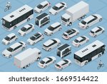 Flat 3d isometric high quality city transport car icon set. Bus, bicycle courier, Sedan, van, cargo truck, off-road, bike, mini and sport cars. Urban public and freight vehihle
