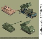 Flat 3d isometric high quality military vehicles machinery transport icon set. Tank self propelled artillery multiple rocket launch system MRLS tracked caterpillar. Build your own world web collection