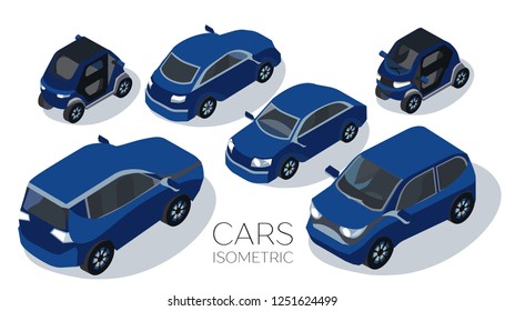 Flat 3d isometric high quality city transport icon. Passenger car, off-road car, sedan, electric car. Back and  front view. Set on a white background