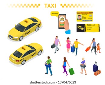 Flat 3d isometric high quality city service transport icon set. Car taxi. Build your own world web infographic collection. Set of the isometric taxi cab with front and rear views