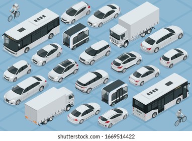 Flat 3d isometric high quality city transport car icon set. Bus, bicycle courier, Sedan, van, cargo truck, off-road, bike, mini and sport cars. Urban public and freight vehihle