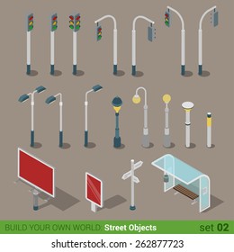 Flat 3d isometric high quality city street urban objects icon set. Traffic light street lights big board citylight bus transport stop road signboard. Build your own world web infographic collection.