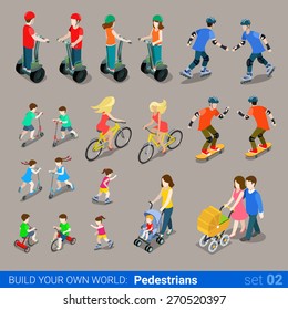 Flat 3d isometric high quality city pedestrians on wheel transport icon set. Segway skates kickboard bicycle pram skate-board scooter and riders. Build your own world web infographic collection.