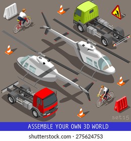 Flat 3d Isometric High Quality Vehicle Tiles Icon Collection. Helicopter Truck Semi-trailer And An Happy Cyclist With Bicycle Bike. 3d World Web Infographic Set Icon.