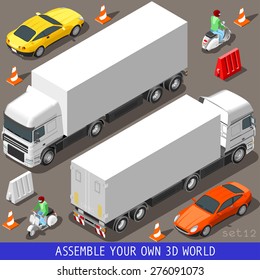 Flat 3d Isometric High Quality Vehicle Tiles Icon Collection. Truck  Articulated Lorry Coupe Car And  Motor Scooter With Delivery Man. 3d World Web Infographic Set. 
