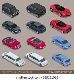 Flat 3d Isometric High Quality City Transport Icon Set. Car Sportscar SUV Luxury High Class Sedan Limousine Limo Convertible Cabrio. Build Your Own World Web Infographic Collection.