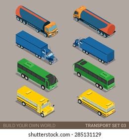 Flat 3d isometric high quality city long vehicle transport icon set. Tank oil cistern truck intercity tourist school bus. Build your own world web infographic collection.