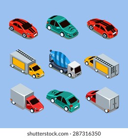 Flat 3d isometric high quality city transport icon set. Car van bus helicopter bicycle scooter motorbike and riders. Build your own world web infographic collection.