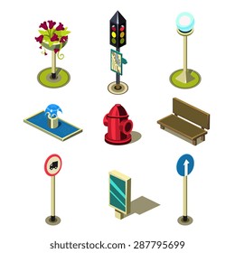 Flat 3d Isometric High Quality City Street Urban Objects Icon Set. Traffic Light Street Lights Big Board Citylight Bus Transport Stop Road Signboard. Build Your Own World Web Infographic Collection.