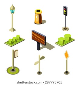 Flat 3d Isometric High Quality City Street Urban Objects Icon Set. Traffic Light Street Lights Big Board Citylight Bus Transport Stop Road Signboard. Build Your Own World Web Infographic Collection.