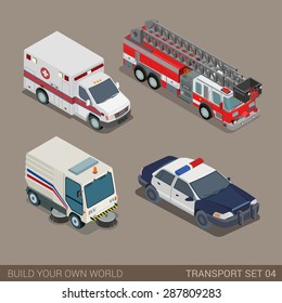 Flat 3d isometric high quality city municipal emergency road transport icon set. Ambulance fire department police sedan dept pavement sidewalk cleaner. Build your own world web infographic collection.