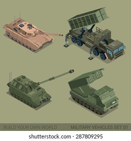 Flat 3d isometric high quality military vehicles machinery transport icon set. Tank self propelled artillery multiple rocket launch system MRLS tracked caterpillar. Build your own world web collection