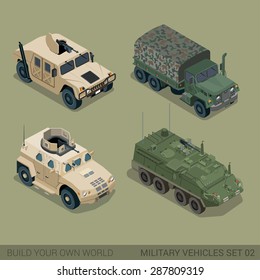 Flat 3d isometric high quality military road transport icon set. Patriot armored personnel carrier mil truck cargo ammunition ammo van. Build your own world web infographic collection.