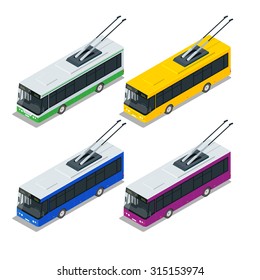Flat 3d isometric high quality city transport icon set. Vector city electric trolleybus collection. Vehicles designed to carry large numbers of passengers.