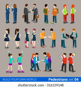 Flat 3d isometric high quality city pedestrians icon set. Business people, casual, teens, couples. Build your own world web infographic collection.