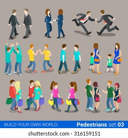 Flat 3d Isometric High Quality City Pedestrians Icon Set. Business People, Casual, Teens, Couples, Carrying Shopping Bags. Build Your Own World Web Infographics Collection.