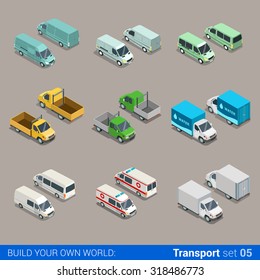 Flat 3d Isometric High Quality City Freight Cargo Transport Icon Set. Car Truck Van Construction Ambulance Delivery Water Micro Bus. Build Your Own World Web Infographic Collection.