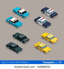 Flat 3d isometric high quality city service transport icon set. Police sheriff car taxi cab black special. Build your own world web infographic collection.