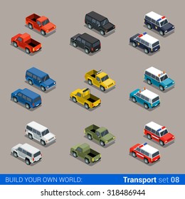 Flat 3d isometric high quality city SUV jeep offroad transport icon set. Car pickup fire service police military farm truck. Build your own world web infographic collection.