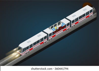 Flat 3d isometric high quality city transport icon set. Vector city Subway train collection. Vehicles designed to carry large numbers of passengers.