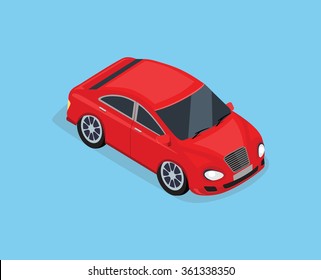 Flat 3d isometric high quality city transport icon. Sedan automobile. Car for isometric world. Isometric car sportscar, SUV luxury high class sedan. Red isometric car. Isolated car icon top view
