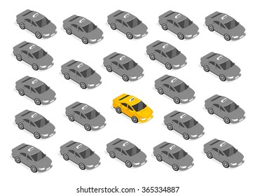 Flat 3d isometric high quality car taxi. City service transport icon top view. Yellow cab