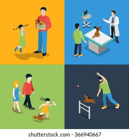 Flat 3d isometric high quality pet dog walking veterinary icon set. Mom dad daughter puppy present veterinarian checkup visiting walker training. Build your own world web infographic collection.