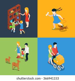 Flat 3d isometric high quality family holiday weekend evening time icon set. Mom daughter son dad book reading pram stroll walk dog zoo visiting. Build your own world web infographic collection.