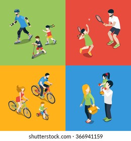 Flat 3d Isometric High Quality Family Outdoor Sports Play Parenting Time Icon Set. Mom Daughter Son Dad Skating Tennis Cycling Picnic. Build Your Own World Web Infographic Collection.