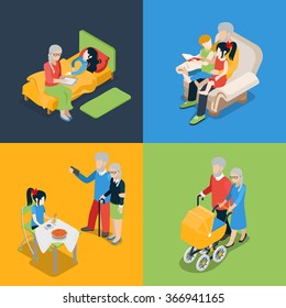 Flat 3d isometric high quality family oldies grandparents parenting time icon set. Grandpa granny grandson granddaughter fairy tale reading pram walking. Creative people web infographic collection