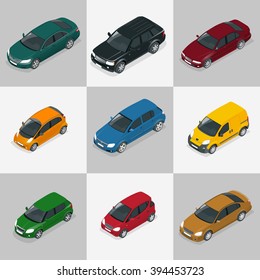 Flat 3d Isometric High Quality City Transport Icon Set. Safari Travel Car, Mini, Sedan, Off-road, Picup, Hatchback.