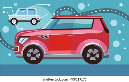 Flat 3d isometric high quality city transport icon. Sedan automobile. Car and sportscar, SUV luxury high class sedan. Red car on the highway. Vector illustration