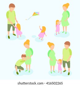 Flat 3d isometric high quality family outdoor sports play parenting time icon set.