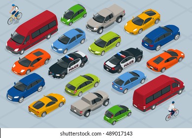 Flat 3d isometric high quality city transport car icon set. Sedan, van, cargo truck, off-road,  bike, mini and sport cars. Urban public and freight vehihle. For infographics, design and game