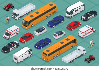 Flat 3d isometric high quality city transport car icon set. Urban public and freight vechicle. For infographics, design and game