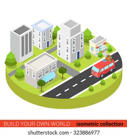 Flat 3d isometric hippie van in town street modern info graphic concept. Build your own infographics world collection.