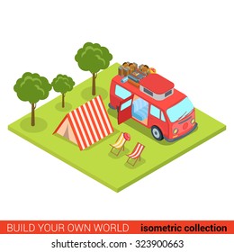 Flat 3d isometric hippie van outdoor tent lounge beach chair modern info graphic concept. Build your own infographics world collection.