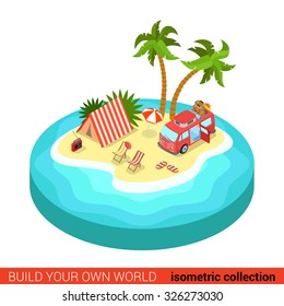 Flat 3d isometric hippie van outdoor tent lounge beach chair on tropic island modern info graphic concept. Build your own infographics world collection.