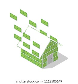 Flat 3d isometric: Home made of money on isolated background