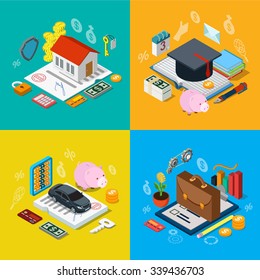 Flat 3d Isometric Home Mortgage Tuition Fee Credit Car Loan Plan Equity Stock Exchange Portfolio Icon Set Concept Web Infographics Vector Illustration. Financial Banking Knowledge Education Estate