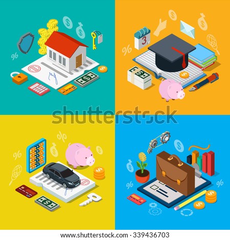 Flat 3d isometric home mortgage tuition fee credit car loan plan equity stock exchange portfolio icon set concept web infographics vector illustration. Financial banking knowledge education estate