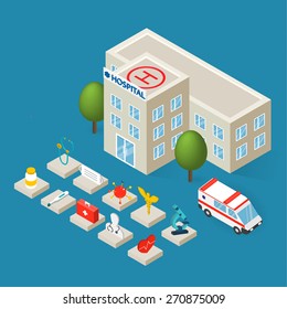 Flat 3d Isometric Hospital Building, Emergency Ambulance Car And Isometric Medical Icons Set Isolated, Vector Illustration