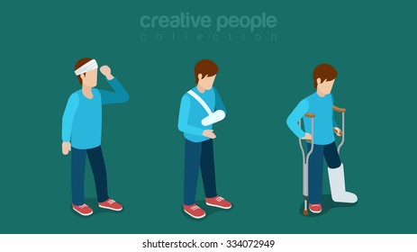 Flat 3d isometric hospital patient healthcare icon set concept web infographics vector illustration. Head ache headband broken arm armband crutches leg. Creative people collection.