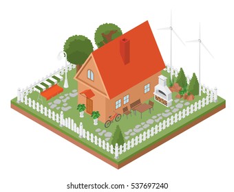 Flat 3d isometric house and city map elements such as building, bbq, garden, nature isolated on white. Build your own infographics collection. Vector illustration