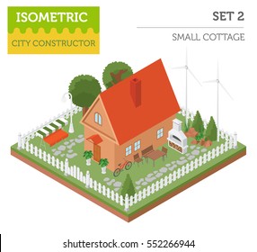 Flat 3d isometric house and city map constructor elements such as building, bbq, garden, nature isolated on white. Build your own infographics collection. Vector illustration