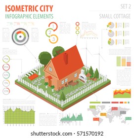 Flat 3d isometric house and city map constructor elements such as building, bbq, garden, nature isolated on white. Build your own infographics collection. Vector illustration
