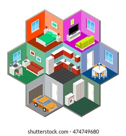 Flat 3d isometric house interior. Garage, Dining room, Bedroom, Office, Kitchen, Living room. Vector
