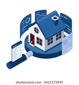 Flat 3d Isometric House on Magnifying Glass with Data Analysis. Real Estate Investment Concept