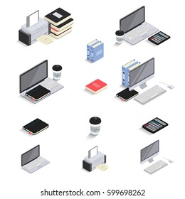 Flat 3d Isometric icons - laptop, computer, calculator, notebook, coffee, office folder. Office Equipments and Interior Items. 